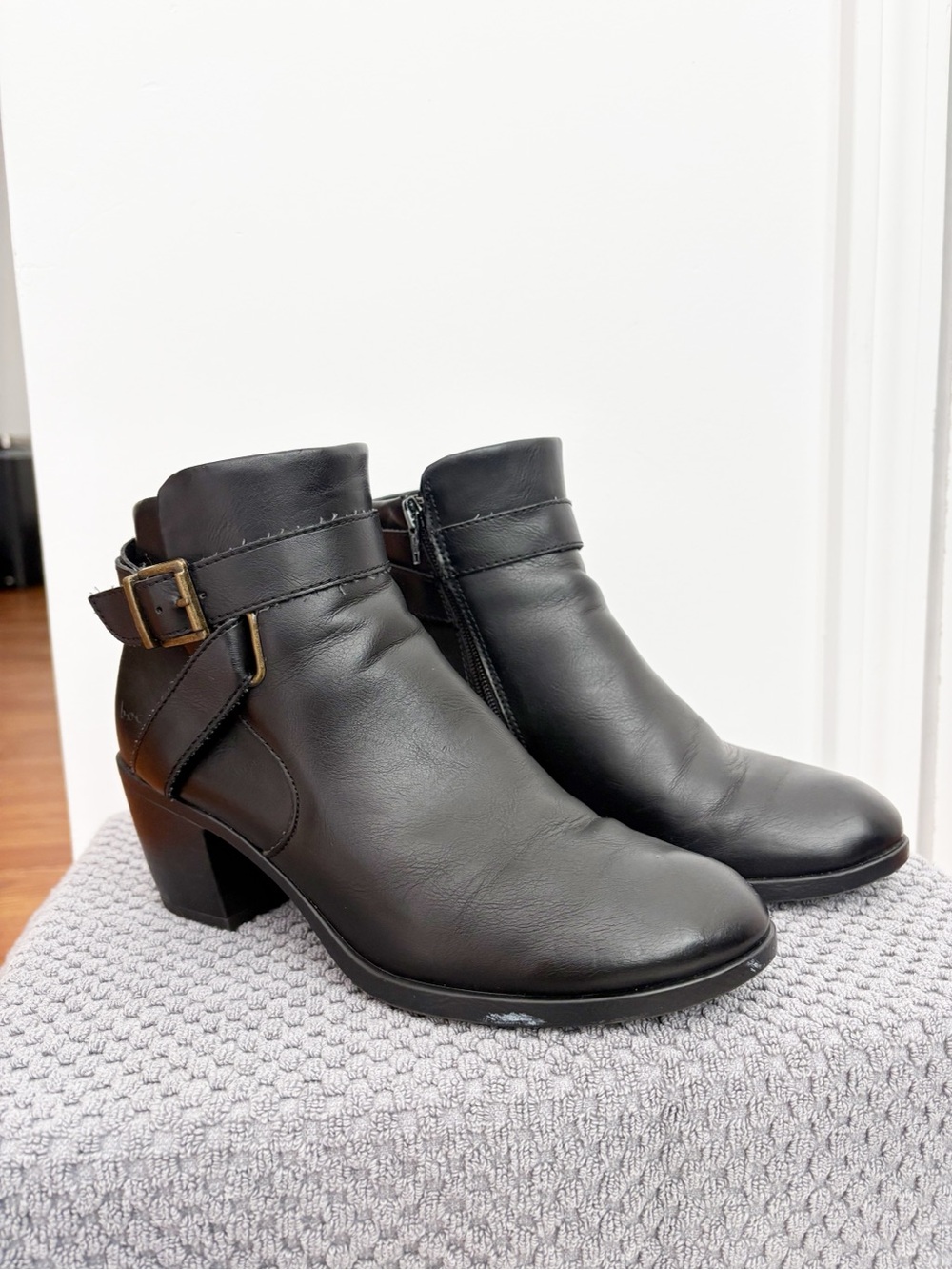 Black Women's Leather Ankle Boot with Buckle